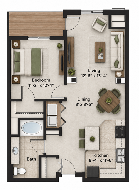 Floor plan for 1 bed, 1 bath, 850 sqft